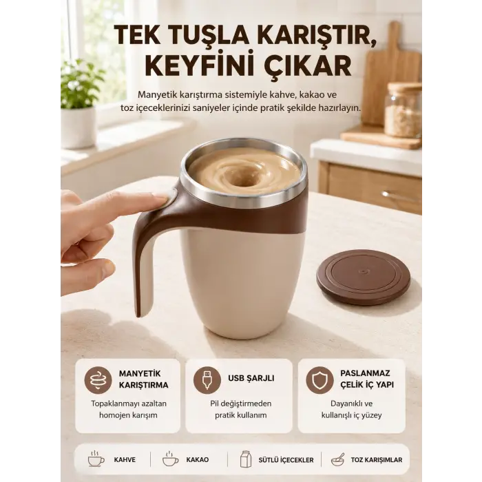 Manyetik Karıştırıcı Kupa USB Şarjlı Otomatik Karıştırma Çift Katmanlı