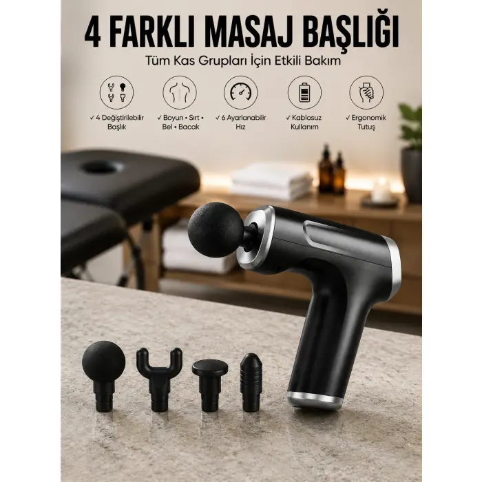 Masaj Tabancası 4 Başlıklı Kas ve Vücut Ağrıları İçin Şarjlı Darbeli