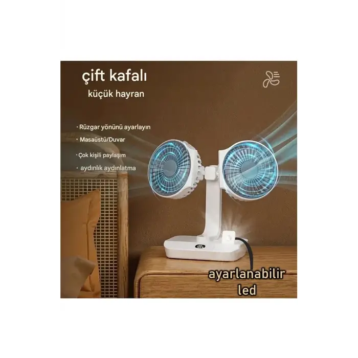 Masaüstü Dijital Ekranlı Çift Fanlı Led Işıklı Soğutucu Fan Ev Ofis Şarjlı Vantilatör