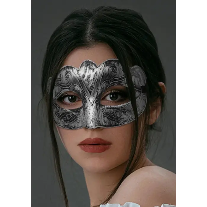 Maskeli B Antik Gri Gümüş Eskitilmiş Maske B Venedik
