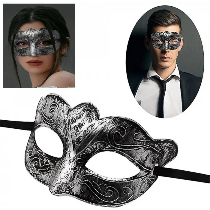 Maskeli Balo Antik Gri Gümüş Eskitilmiş Maske Balo Venedik Bx40