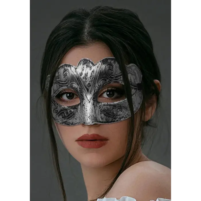 Maskeli Balo Antik Gri Gümüş Eskitilmiş Maske Balo Venedik Bx40