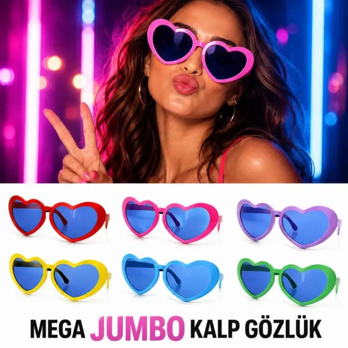 Mega Jumbo Kalp Parti Gözlüğü – Renkli 12 Adet