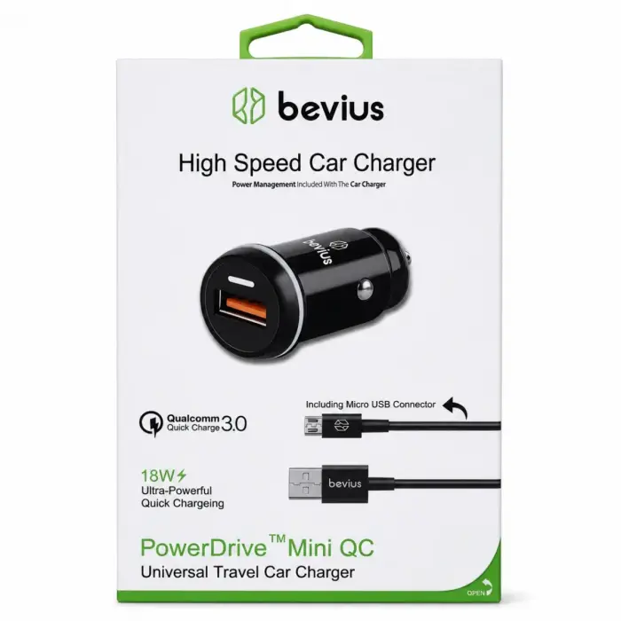 Micro USB Siyah 18W QC 3.0 Kablolu Araç Şarj Cihazı Bevius BVS-AU506