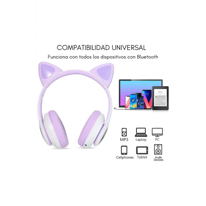 Mor kedi kulağı detaylı bluetooth 5.0 mikrofonlu kulak üstü çocuk kulaklık 2 yıl garantili