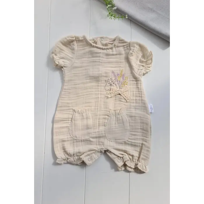 Müslin Kumaş Çiçek Nakışlı Pamuklu Kız Bebek Tulum