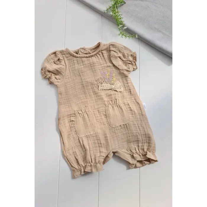Müslin Kumaş Çiçek Nakışlı Pamuklu Kız Bebek Tulum