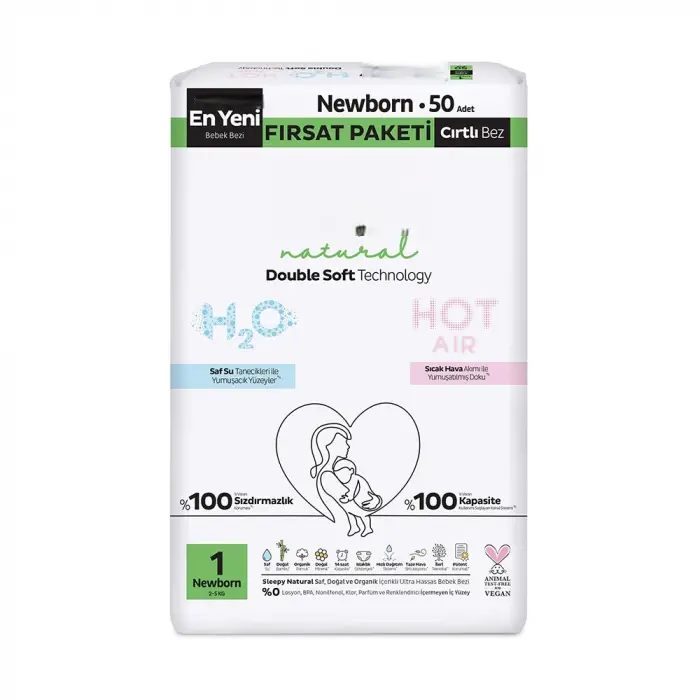 Natural Double Soft Bebek Bezi Fırsat Paketi 1 Beden 50 Adet