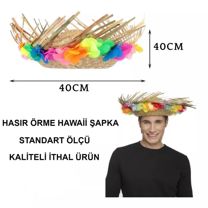 Naturel Renk Püsküllü Örme Hasır Hawaii Luau ha Şapka 13x36 cm