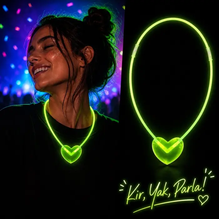 Neon Işıklı Fosforlu Kalp Parti Kolyesi Yeşil Renk Bx40