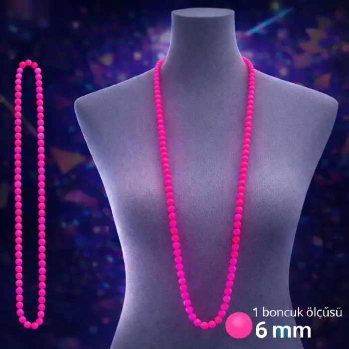 Neon Pembe Boncuk Kolye 80 Cm – Retro 80’ler 90’lar Parti Aksesuarı Bx40