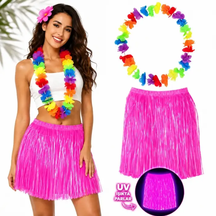 Neon Pembe Hawaii Etek 40 Cm Ve Rengarenk Hawaii Kolye Bx40