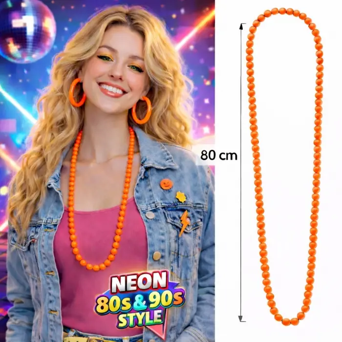 Neon Turuncu Boncuk Kolye 80 Cm – Retro 80’ler 90’lar Parti Aksesuarı Bx40