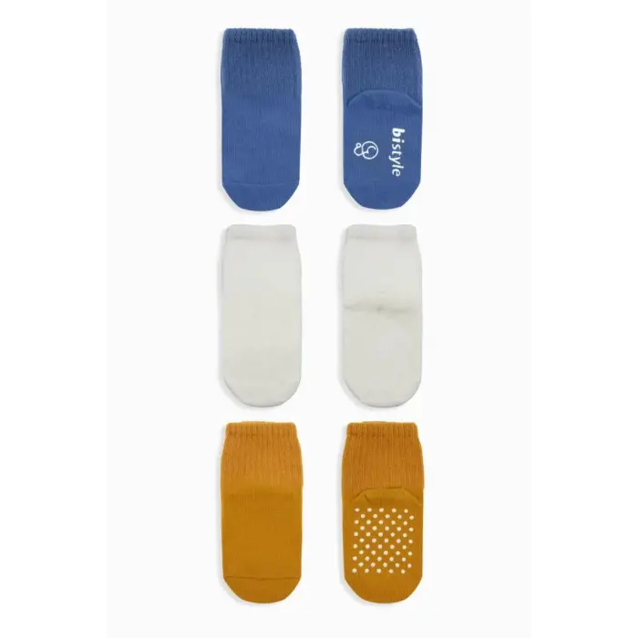 NessiWorld Basic Kaymaz Penye Soket Çorap 3Lü BS10106 İndigo Ekru Hardal