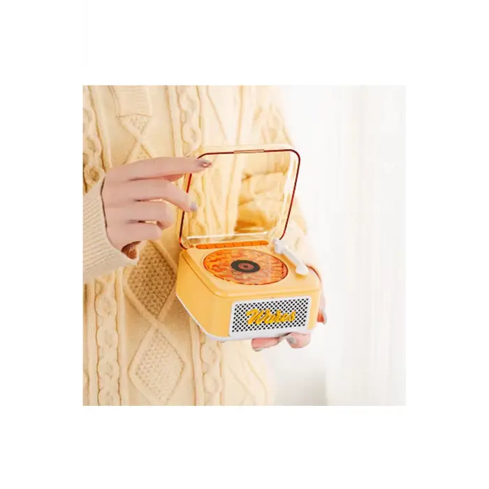 Nostalji Mini Plak Görünümlü Radyolu Bluetooth Hoparlör 3d Ses Dalgası Retro Müzik Plak Sarı