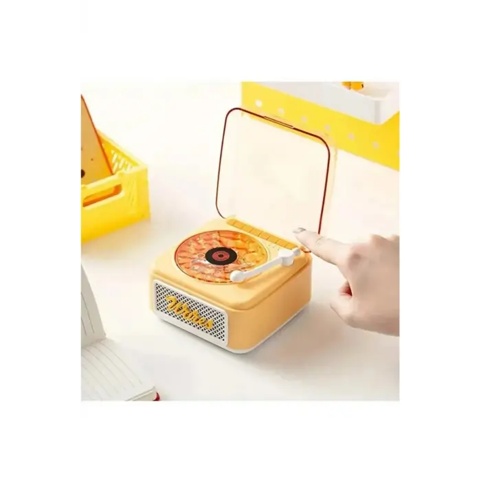 Nostalji Mini Plak Görünümlü Ralu Bluetooth Hoparlör 3d Ses Daası Retro Müzik Plak Sarı