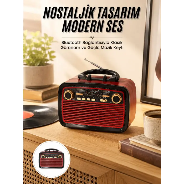Nostalji Radyo Bluetooth Hoparlör USB-SD Kart Giriş Led Fener Işıklı Bataryalı Pilli Yeni Nesil