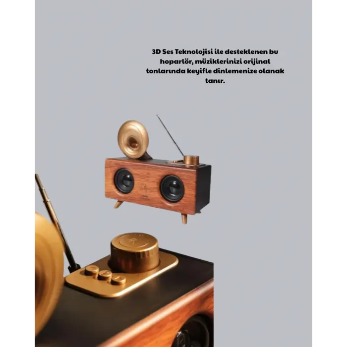 Nostaljik Gramofon Bluetooth Hoparlör – FM Radyo + USB + SD Kart Destekli