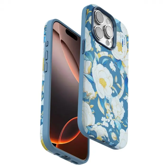 Onegif Apple İphone 15 Pro Max Flower Series Magsafe Kapak - Mavi