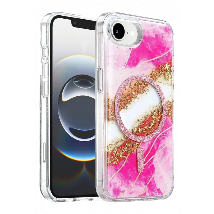 Onegif Apple İphone 17e Lotus Simli Magsafe Kapak - Pembe