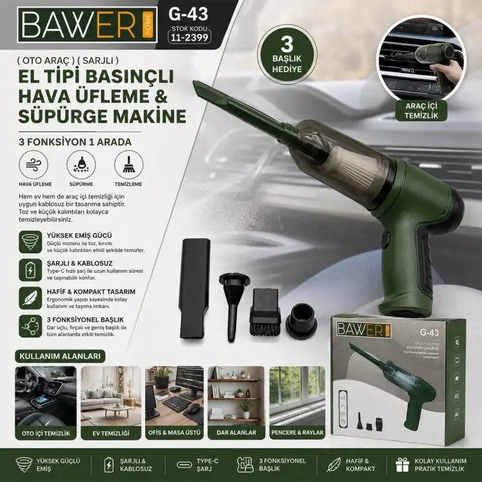 Oto Araç Sarjlı El Tipi Basınçlı Hava Üfleme - Süpürge Makine 3 Başlık G-43 Bx40