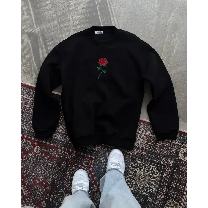 Kadın Oversize Kapüşonlu Cepli GÜL Baskılı 3 İplik Pamuklu Hoodie Sweatshirt - Siyah
