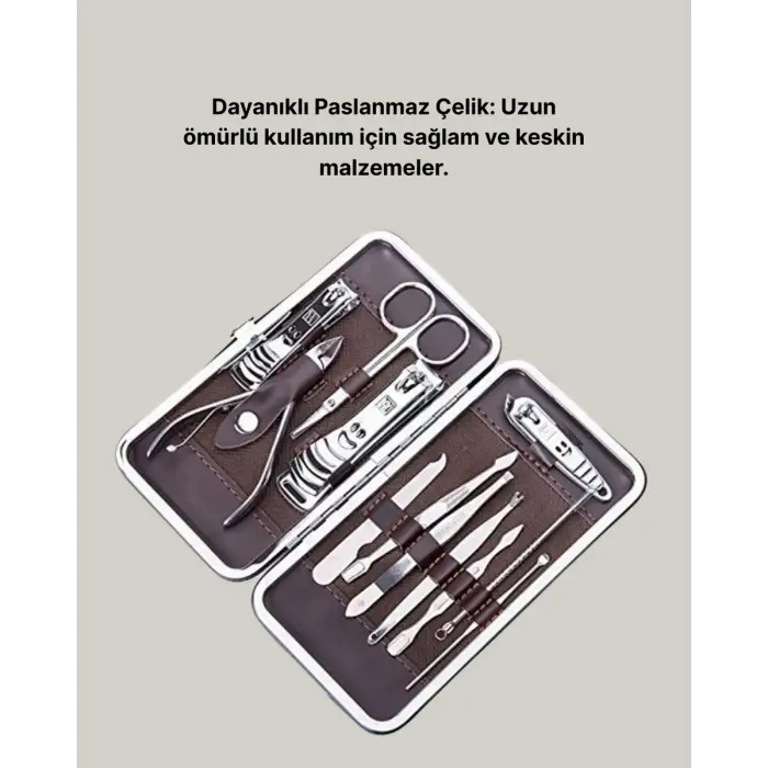Özel Deri Çantalı 12 Parça Manikür Pedikür Bakım Seti Paslanmaz Çelik