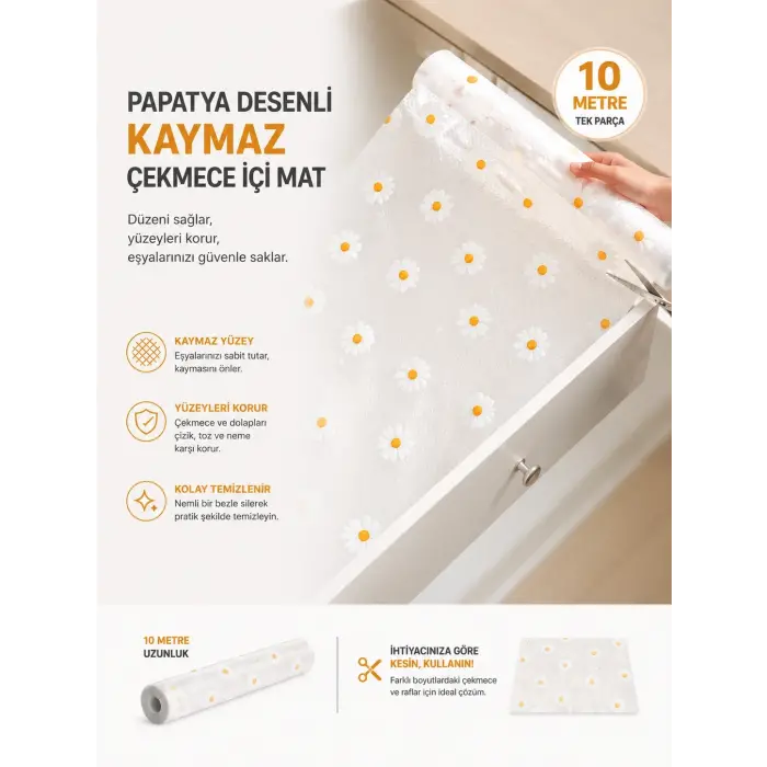 Papatya Desenli Kaymaz Dolap Ve Çekmece İçi Mat 10 Metre
