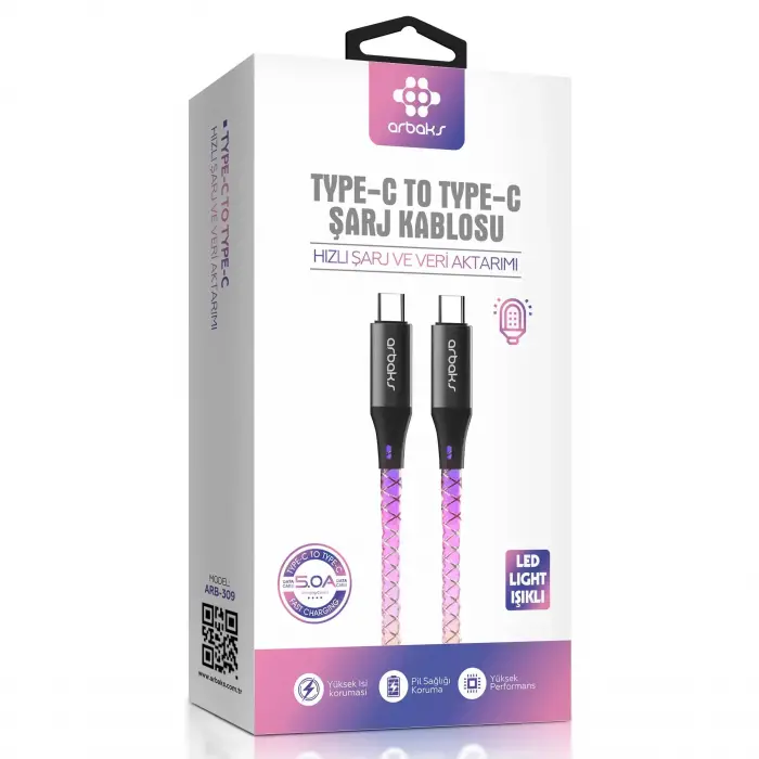 PD TYPE-C 5A RGB Işıklı Şarj Kablosu Arbaks Arb-309