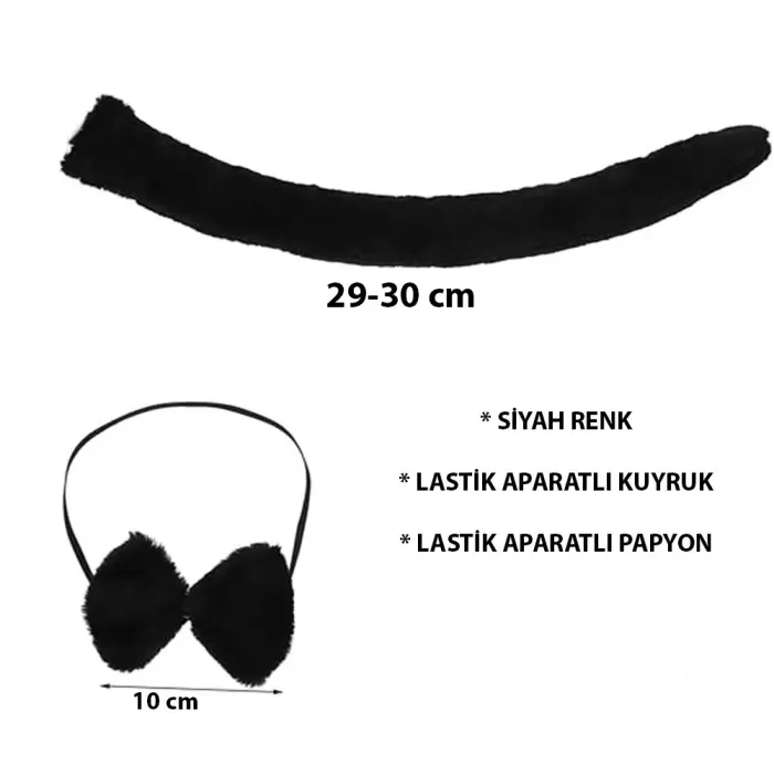 Peluş Siyah Renk Kuyruk Ve Papyon Yetişkin Çocuk Uyumlu Bx40