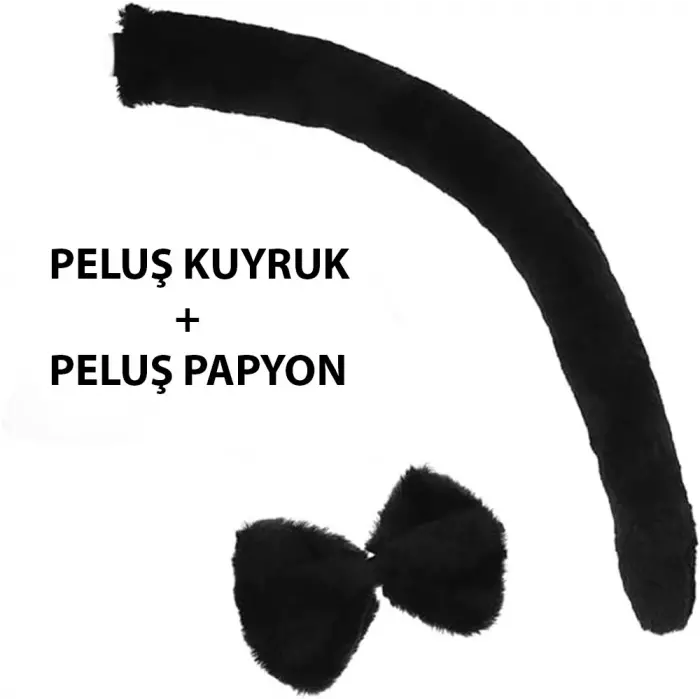 Peluş Siyah Renk Kuyruk Ve Papyon Yetişkin Çocuk Uyumlu Bx40