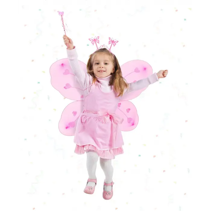 Pembe Kelebek Kız Seti – 50 Cm Kelebek Kanadı, Taç Ve Asa
