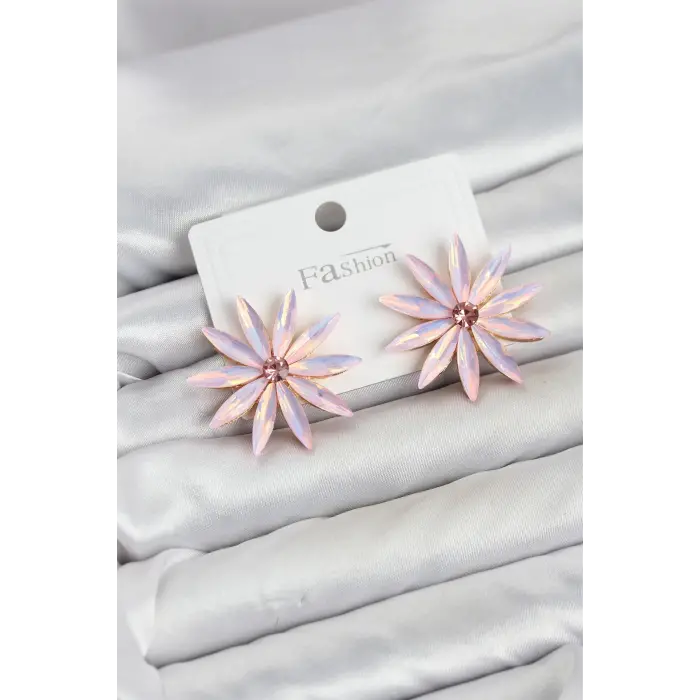 Pembe Kristal Taşlı Lotus Model Kadın Küpe