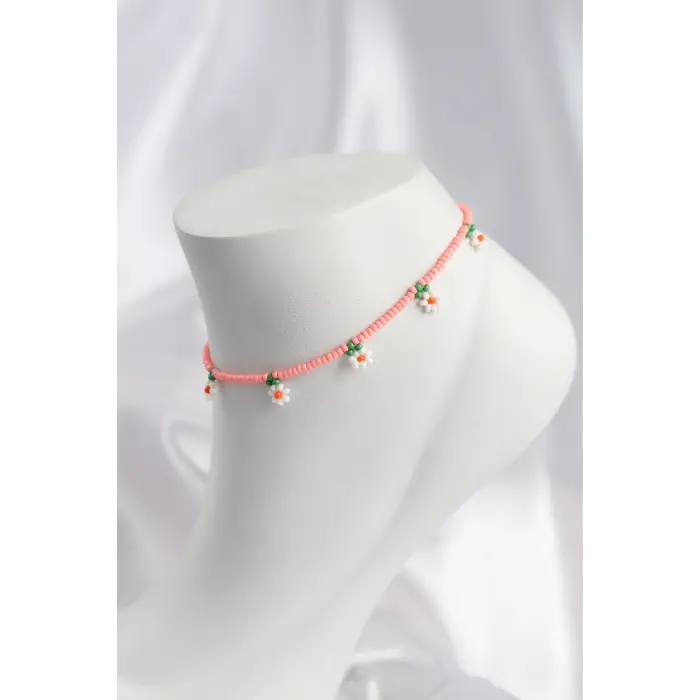 Pembe Renk Boncuklu Papatya Motifli Halhal