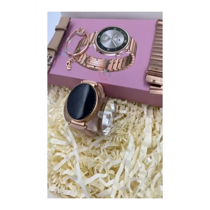 Pembe Rose Gold Kasa ve Silikon Kordonlu Kadınlar İçin Akıllı Saat, AMOLED Ekran ve NFC Özellikli