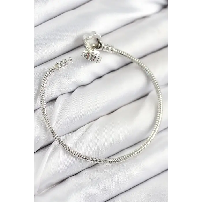 Pirinç Charm Zirkon Taşlı Yonca Model Gümüş Renk Kadın Bileklik 5886