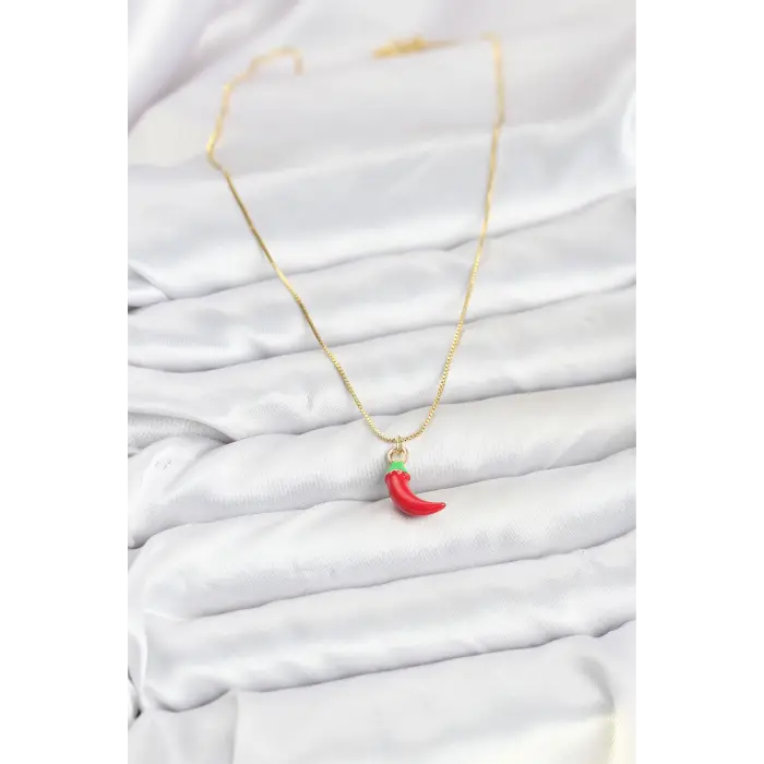 Pirinç Gold Renk Kırmızı Kapya Biber Model Kadın Kolye 5886