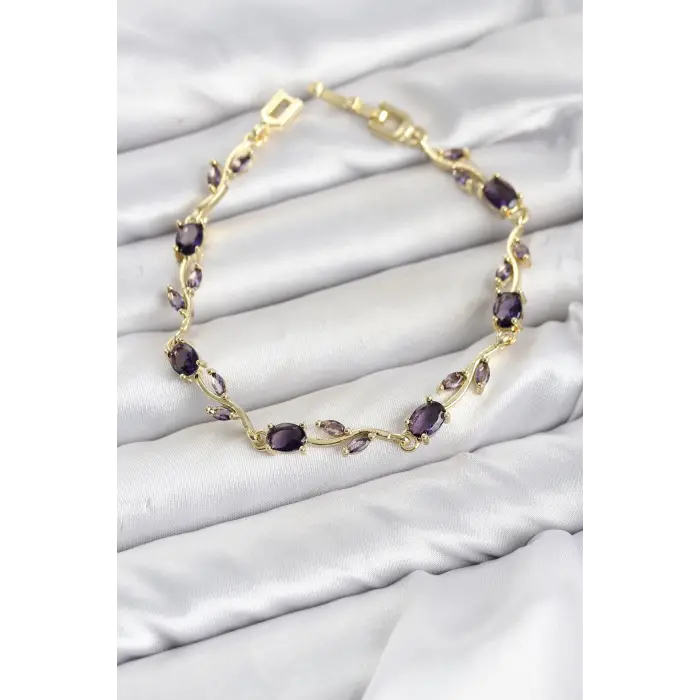 Pirinç Gold Renk Mor Zirkon Taşlı Çiçek Model Kadın Bileklik