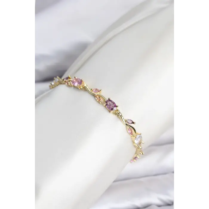 Pirinç Gold Renk Pembe ve Mor Zirkon Taşlı Çiçek Model Kadın Bileklik