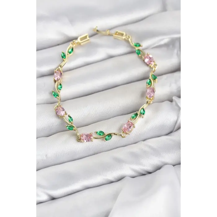 Pirinç Gold Renk Pembe Zirkon Taşlı Çiçek Model Kadın Bileklik