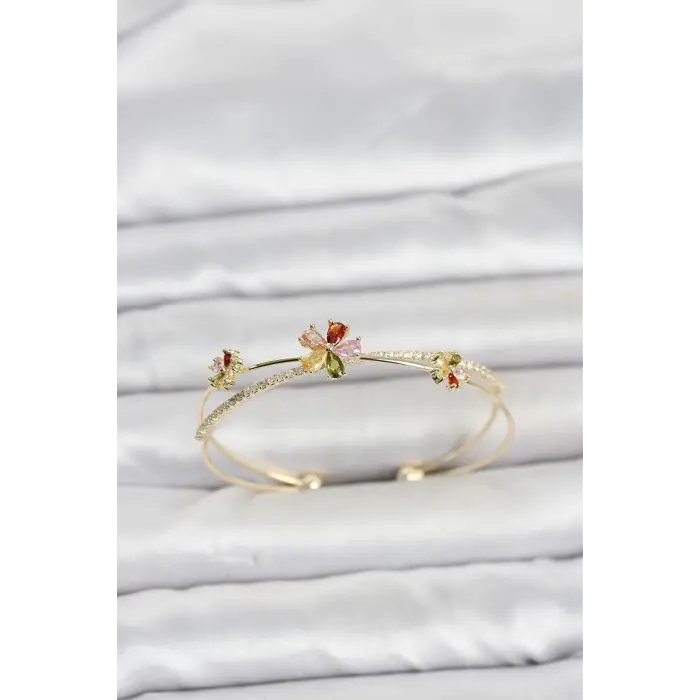Pirinç Gold Renk Renkli Çiçek Model Kadın Bileklik