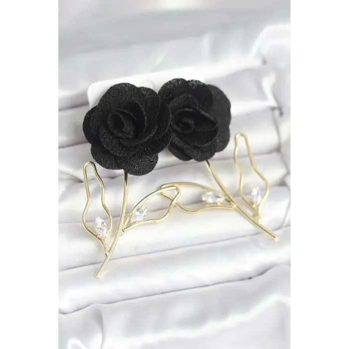 Pirinç Gold Renk Siyah Gül Model Kadın Küpe