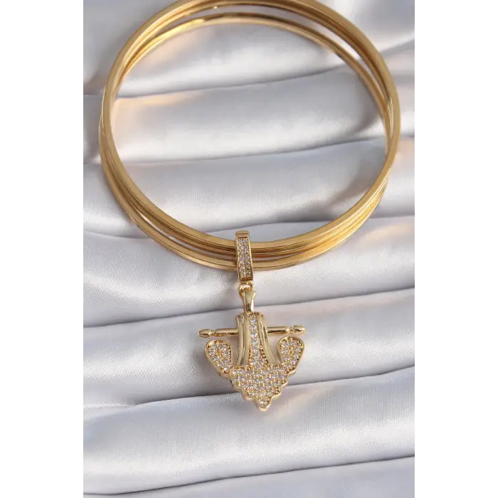 Pirinç Gold Renk Zirkon Taşlı Çapa Model Ajda Charm 5886