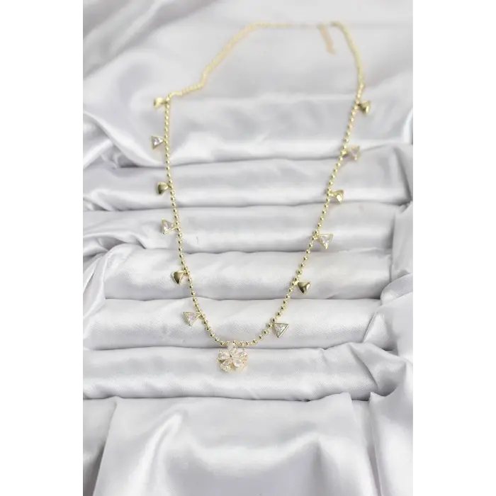 Pirinç Gold Renk Zirkon Taşlı Çiçek Model Kadın Kolye 5886