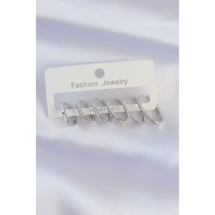 Pirinç Gümüş Renk İnce Oval Küpe Seti