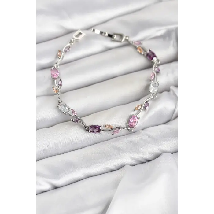 Pirinç Gümüş Renk Pembe ve Mor Zirkon Taşlı Çiçek Model Kadın Bileklik