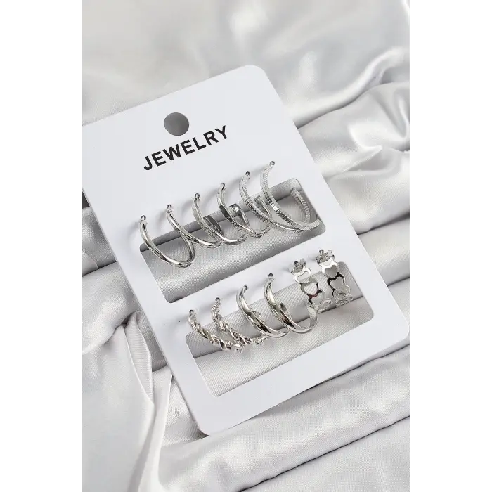 Pirinç Karışık Halka Model Gümüş Renk 6 Çift Kadın Küpe Set