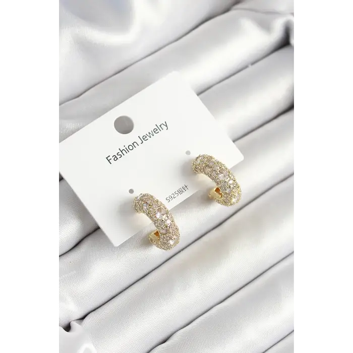Pirinç Zirkon Taşlı Halka Model Gold Renk Kadın Küpe