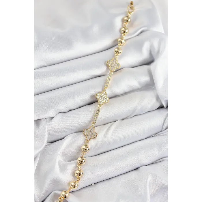 Pirinç Zirkon Taşlı Yonca Model Gold Renk Kadın Bileklik 5886