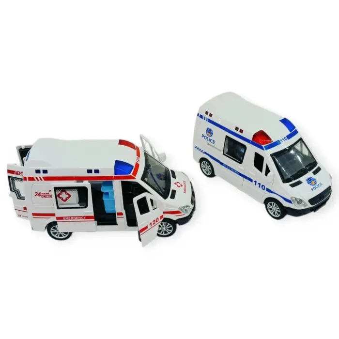Polis Ambulans Arabası Işıklı Sesli Sürtmeli Plastik 2li Set 15cm - 1 ADET